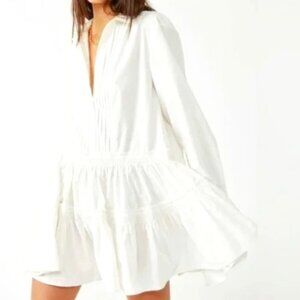 Free People Long Sleeve White Pleated Front Button Dress Size Large NWOT